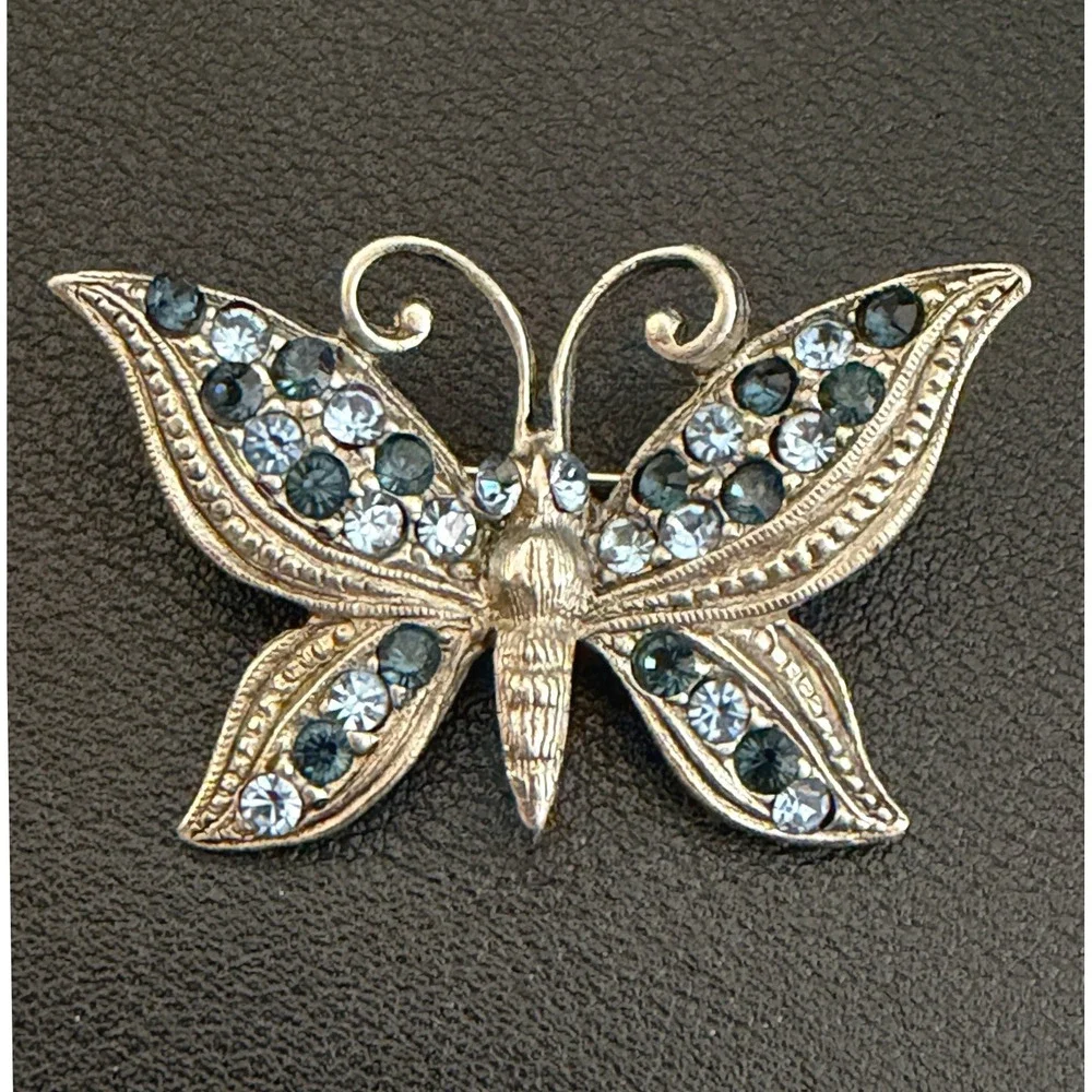 Rhinestone Butterfly Brooch Blue Silver Tone